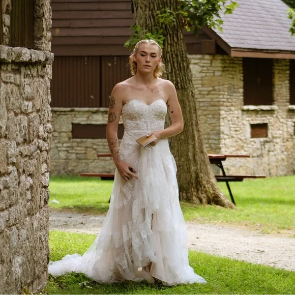 Banded lace drop waist Aline wedding dress Davids bridal